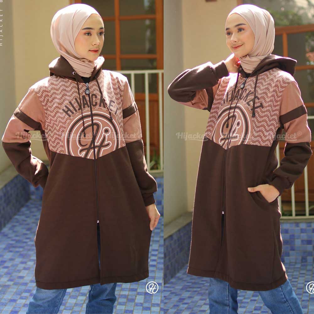 Jaket Jacket Jeket Hoodie Wanita Cewek Cewe Muslimah Hijaber Hodie Hijacket Hijaket Kekinian Arabela-Coklat Muda + Tua
