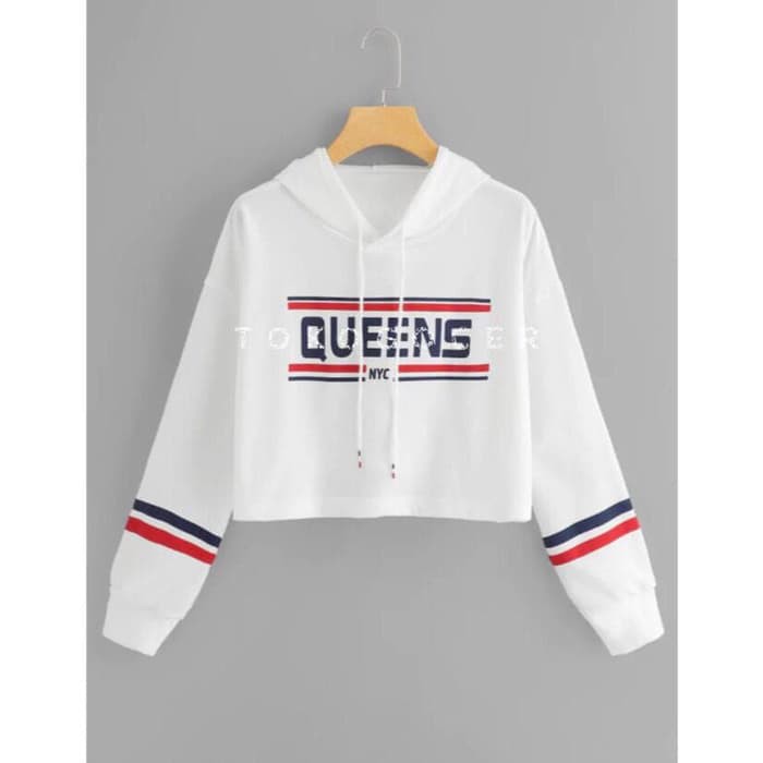 Egafashion - Sweater Crop Wanita Queens NYC Hoodie / Hodie Crop Putih