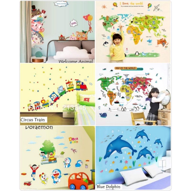 Wallsticker Sticker Hiasan Dinding Motif Anak Kartun Doraemon UTB Ukur Tinggi Badan Cars Dinosaurus Lumba-lumba Jerapah Gajah MonyetHelikopter 60x90cm