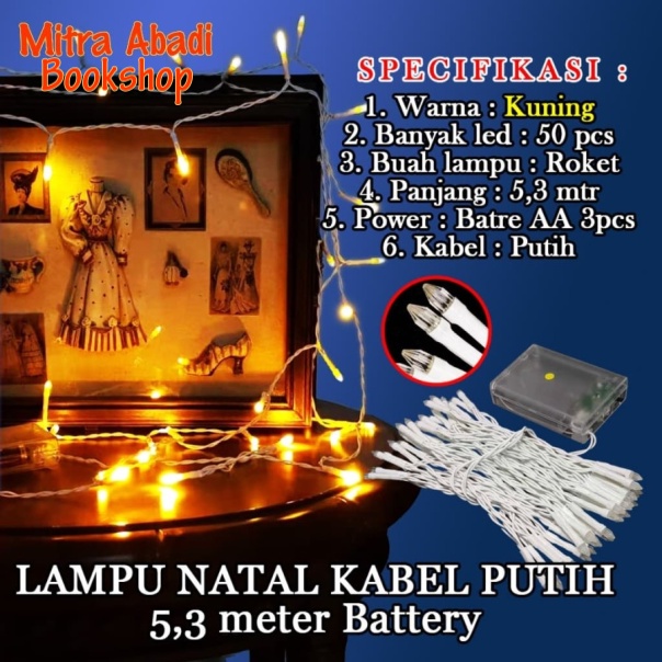 Lampu Natal LED Roket Battery/Batre A2 Kabel Putih Panjang 5,3 Meter - Kuning