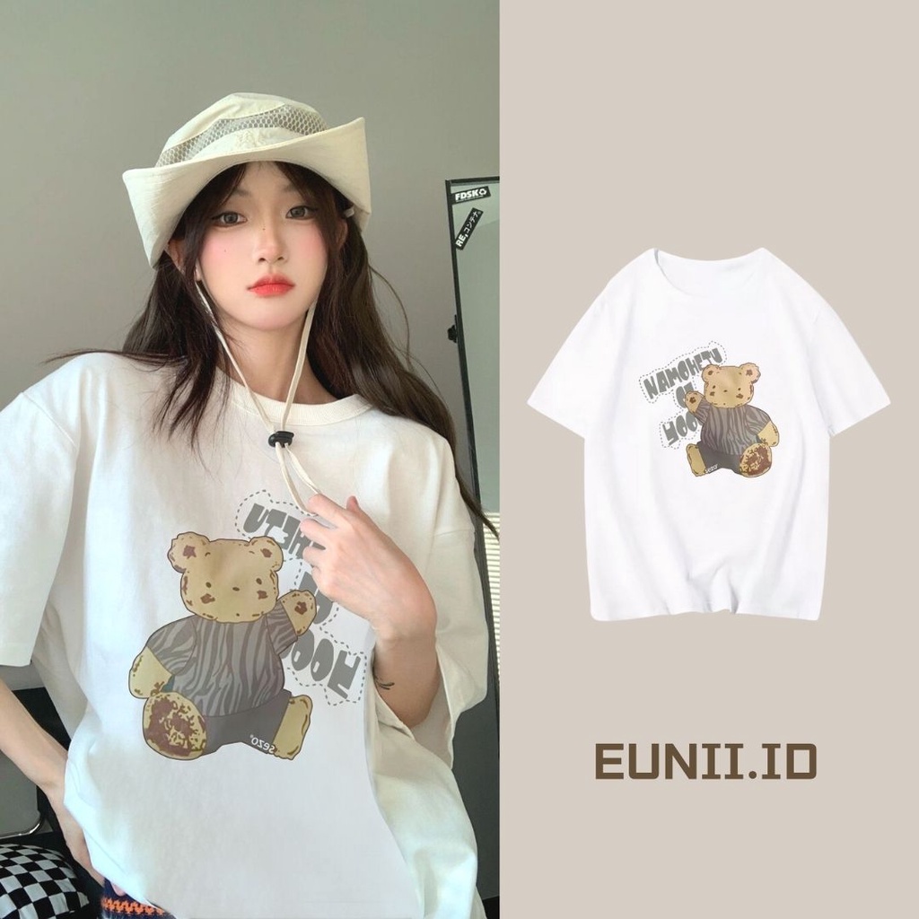 EUNII T-shirt Lengan Pendek Cetakan Beruang Longgar Korean Style/Kaos Atasan Wanita/Baju Kaus Oversize Wanita