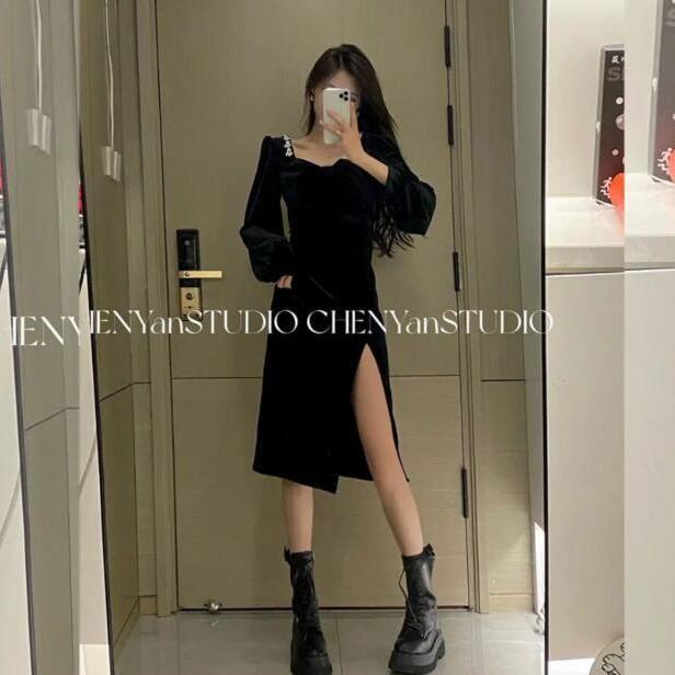 Banquet Paris velvet dress women's middle length 2021 autumn winter new style temperament evening Gi