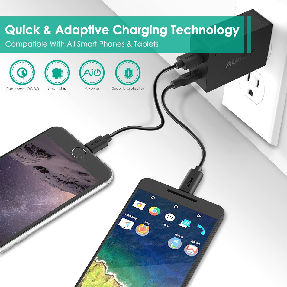 AUKEY PA-Y2 - Desktop Wall Charger - USB Port and Type-C - Support QC3.0