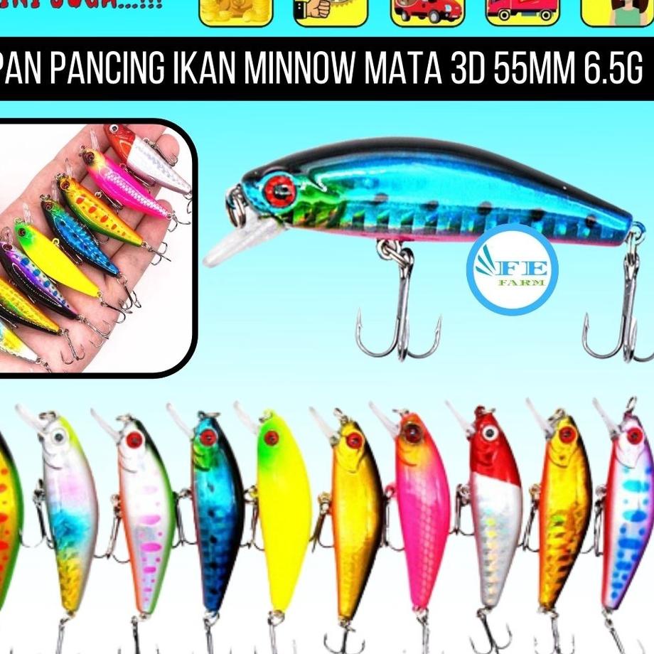 BIG SALE/HARGA GROSIR >>/5.5 SALE/PROMO HARI INI/「Grosir」 Umpan Pancing Ikan Minnow Mata 3D 55mm 6.5