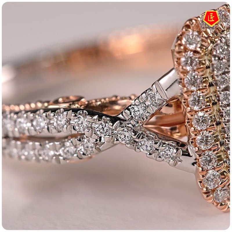 [Ready Stock]14K Rose Gold Two-Tone Square Diamond Ring Fashion Elegant