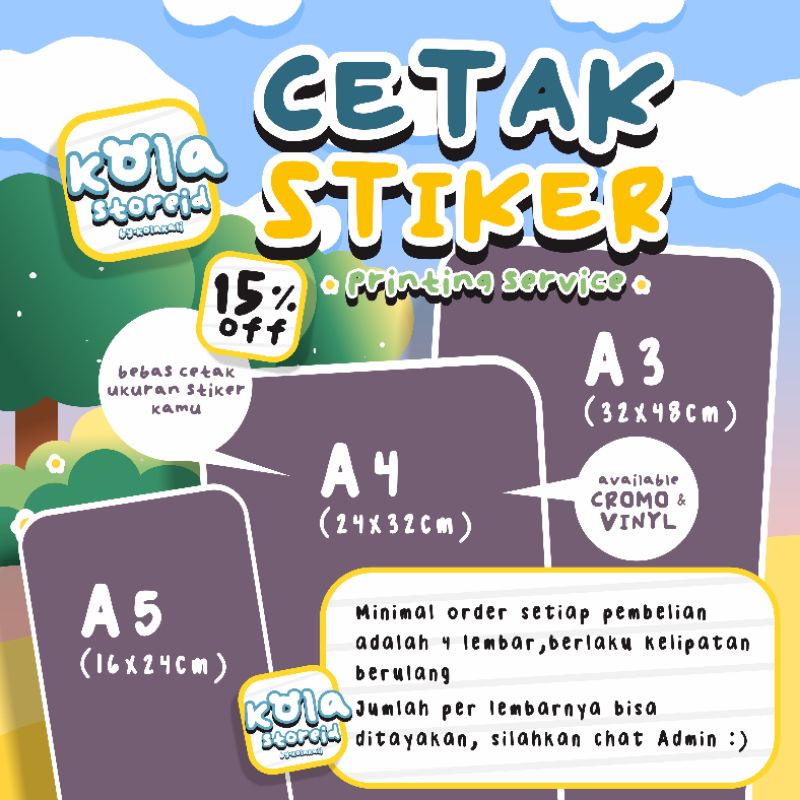 

ʕ·ᴥ·ʔ KOLAKALI • CETAK STIKER UKURAN A3, A4, A5 • CETAK STIKER LABEL PRODUK • STIKER CROMO • STIKER VINYL • LABEL PACKING • STIKER OLSHOP (BOLEH REQUEST UKURAN)