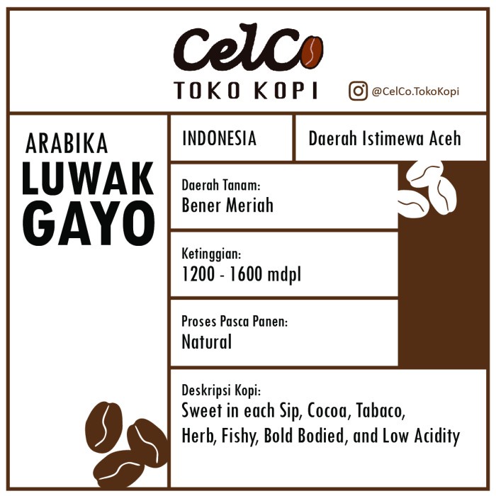 

Kopi Arabika Luwak Gayo 200gr | by Celco Toko Kopi | Kopi Biji & Bubuk