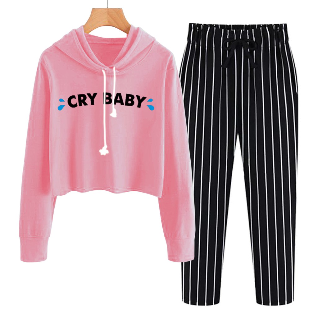 BESS - Baju Setelan Wanita Murah / Setelan Hoodie Crop + Celana Salur Hitam - CRY BABY