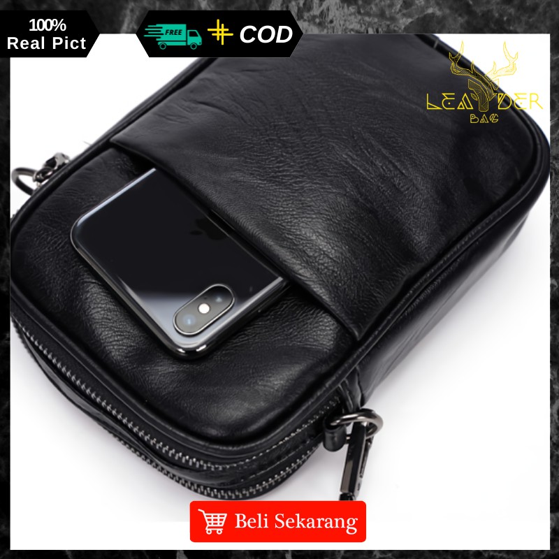 Tas Selempang kecil Kulit Pria Impor Distro Model Terbaru Dan Trendy Warna Hitam Atau Tas Kulit Cowo