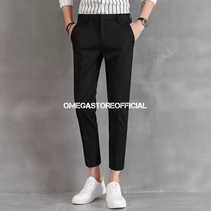 OMEGASTOREOFFICIAL - Celana Ankle Pants Pria (formal, bahan, kantor, kain, kerja) Panjang Slimfit - Hitam