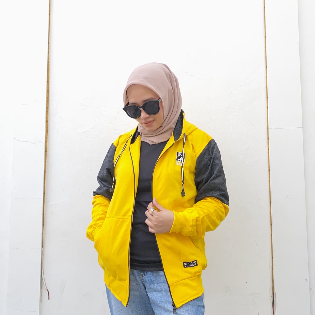 Jaket Sweater Zipper Bordir Kombinasi Qwilting Kuning BLDS