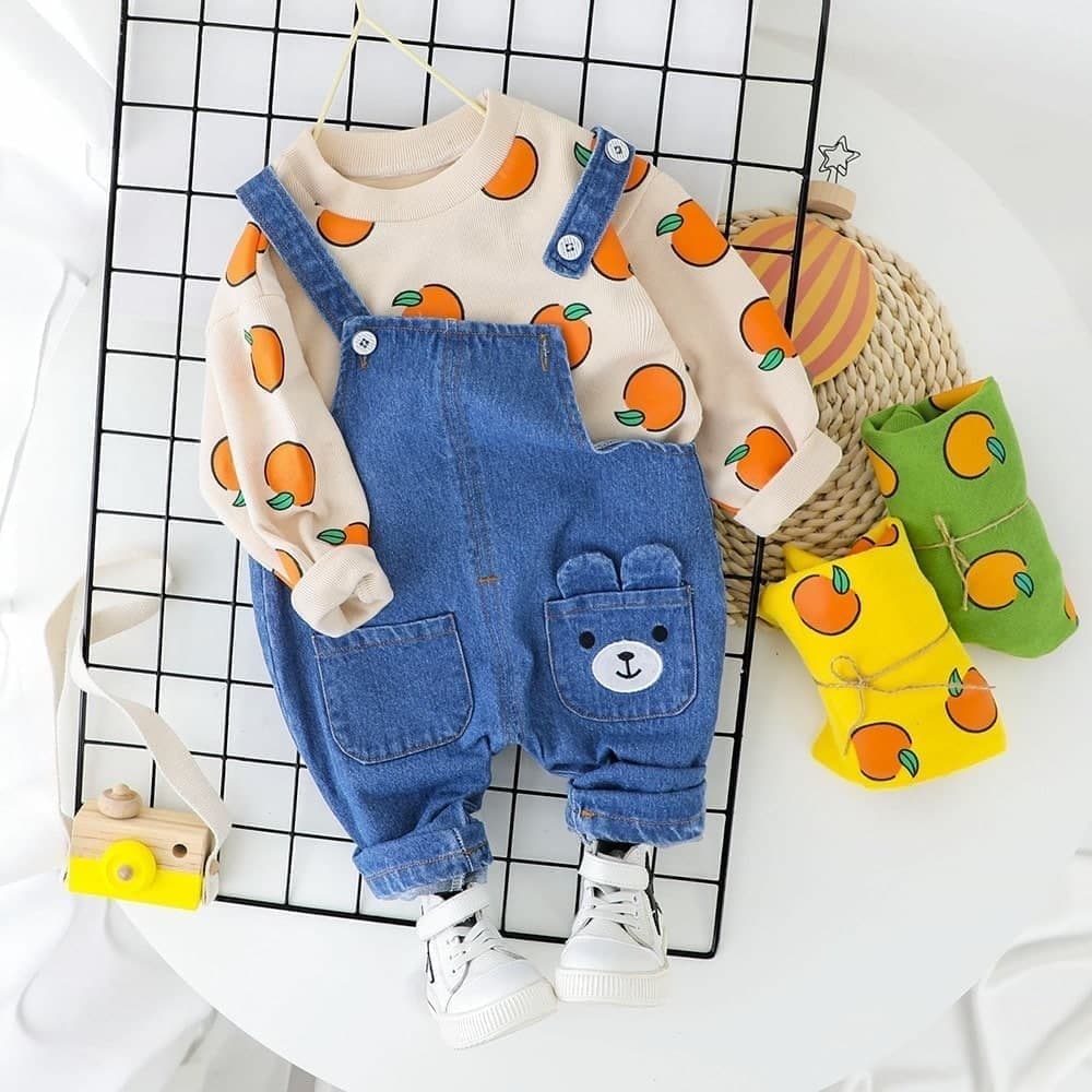 Promo !! Setelan trendy anak import / setelan overal orange bear fruit  import ukuran 1-3tahun / Setelan anak cowok keren