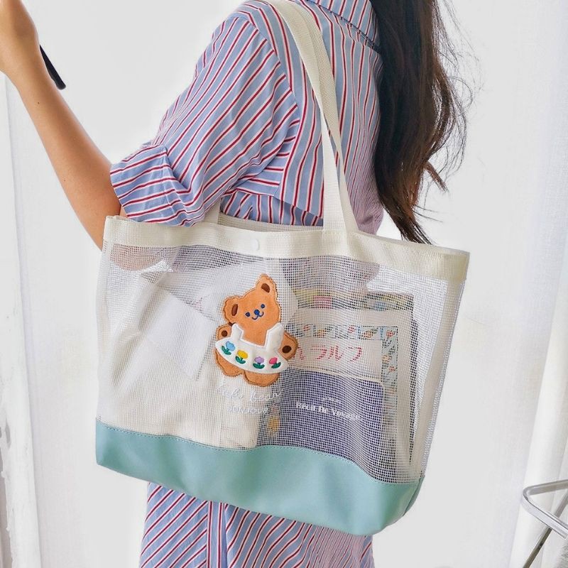 TAS TANGAN BEAR TOTE BAG TRANSPARAN TAS LAPTOP 15 inch MOTIF BERUANG KELINCI LUCU KOREA