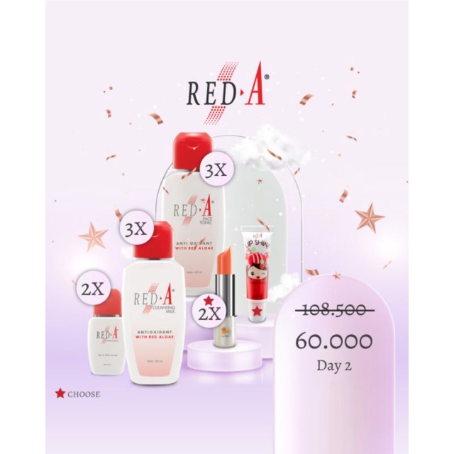 Paket 2 Red-A Moisturizer3 Red-A Anti Oxidant Cleansing Milk3 Red-A Anti Oxidant Face Tonic 2 Red-A Lip Balm 1 Red-A Lip Shine