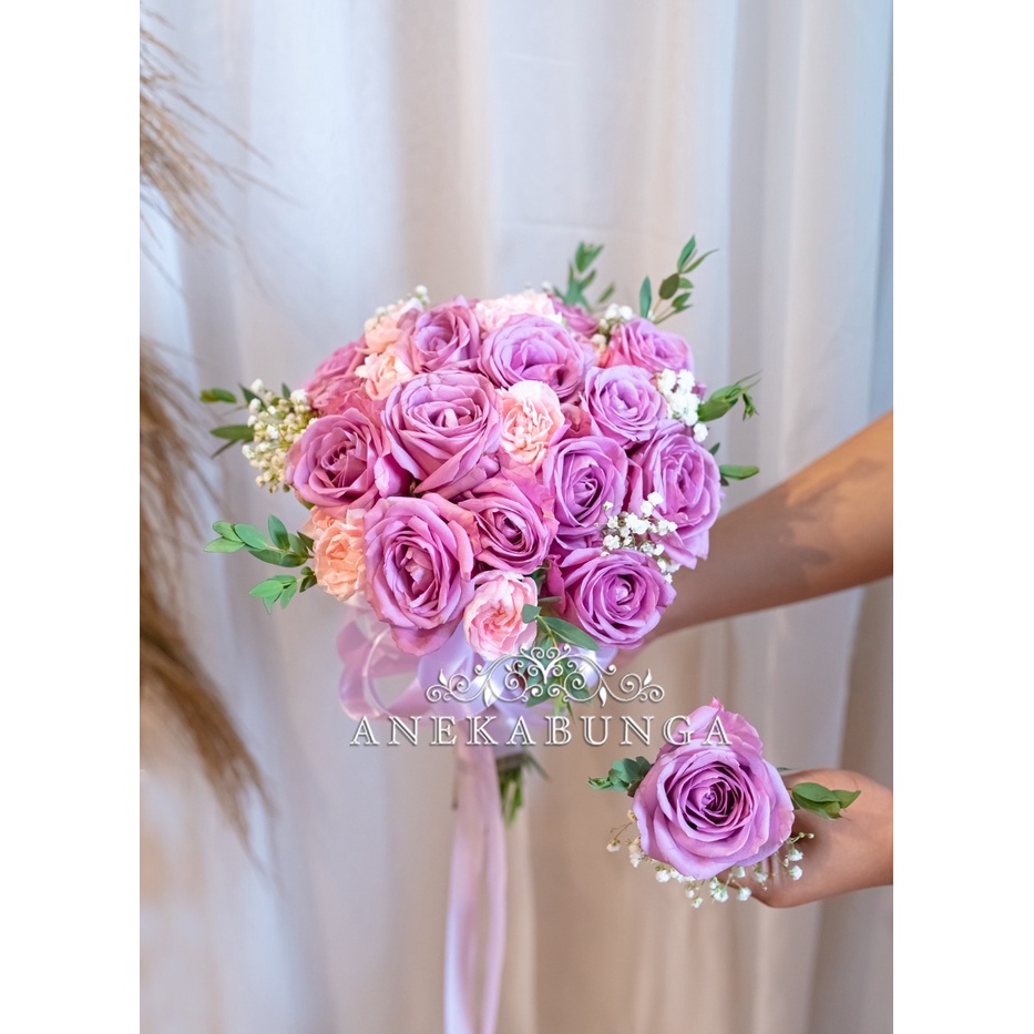 Buket Bunga Mawar Asli Wedding Corsage Fresh Rose Bouquet Flower Bucket Korsase Pernikahan pink ungu