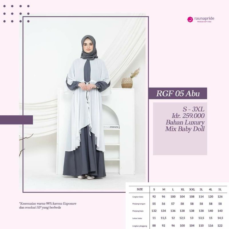 Gamis muslimah RAUNA RGF 05 COKSU | RGF 05 CEDAR | RGF 05 ABU ABU | RGD 05 UNGU | SARIMBIT RAUNA SR 05