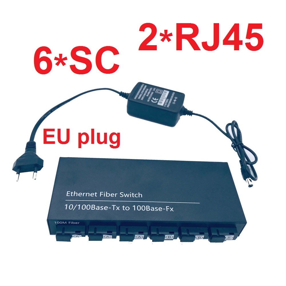 Media Converter 6 Port FO 2 Port LAN Fiber Switch Optic 6 SC 2 RJ45 Optical Dengan EU Adapter