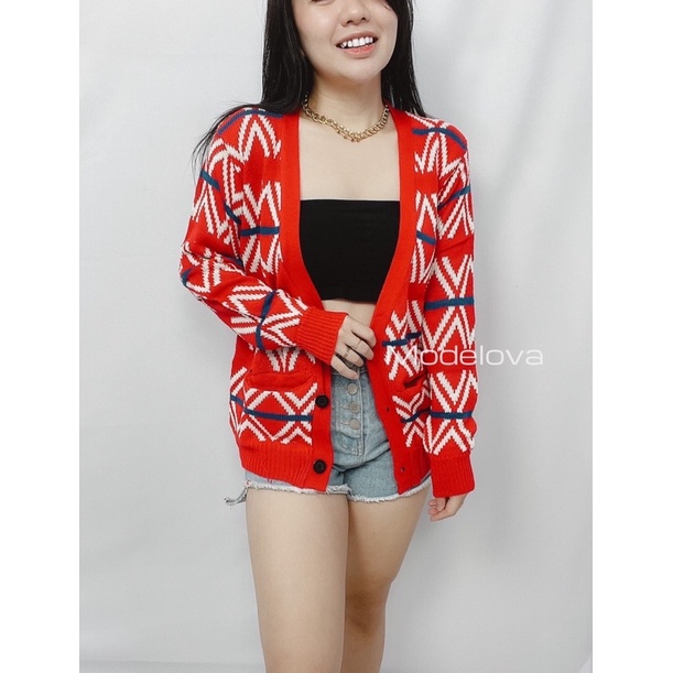 MDLV ~ Outer Olivier Rajut Cardigan Print Red Cardigan Rajut Lengan Panjang Fashion 2