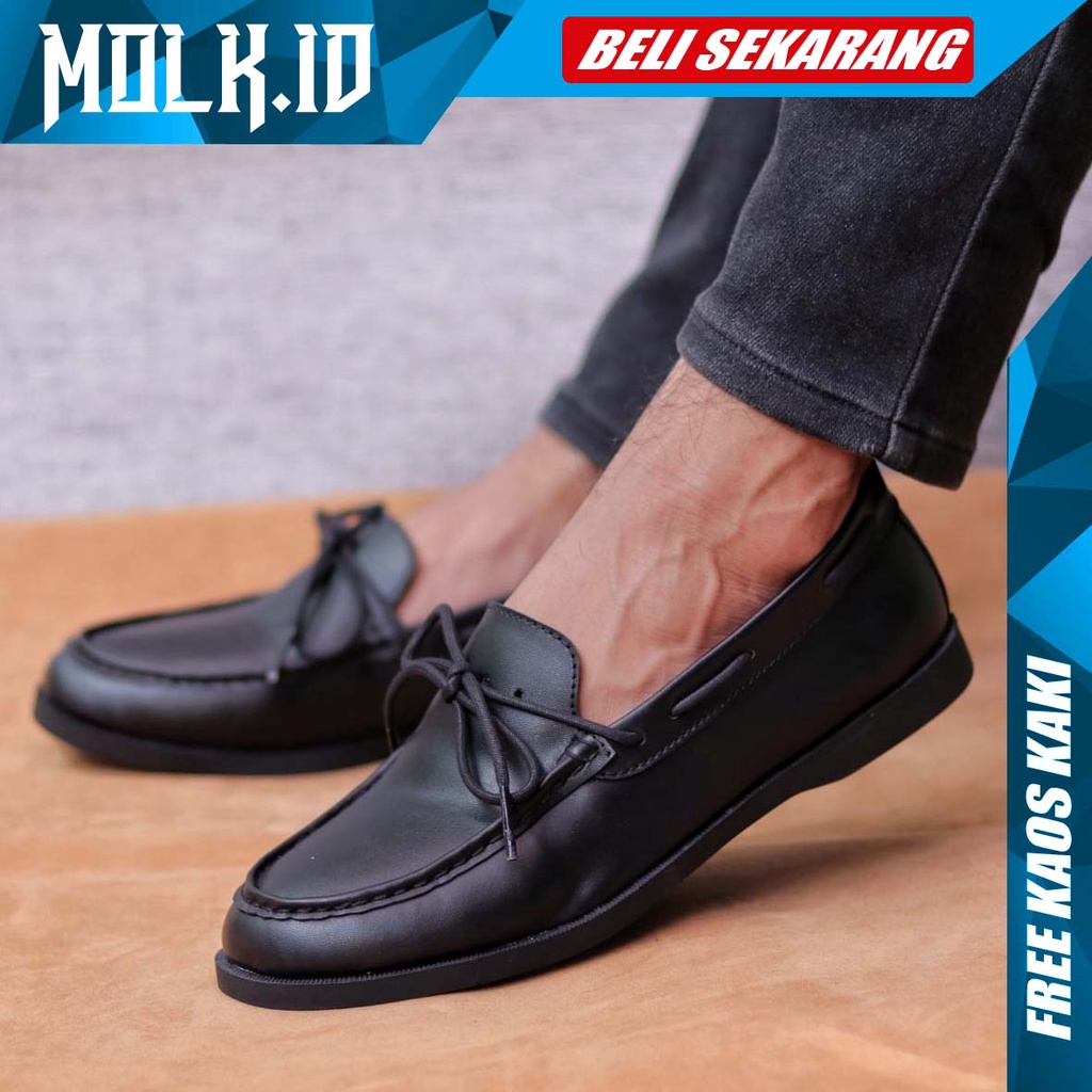 MOLK Sepatu Kasual Slip On Pria Hitam Tali Kulit Sintetik Semi Formal Pantofel Kerja Kantor Kuliah