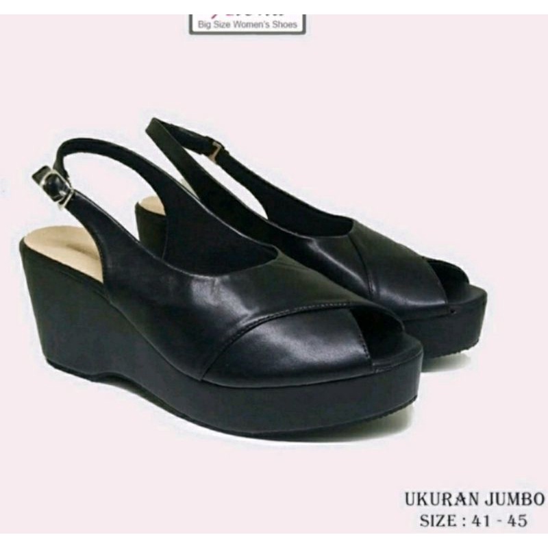 Original, Sepatu Wedges EL-Bara Big Size 41-45 Wedges Formal Pesta Pernikahan Slop Hak Tinggi JUMBO Oversize Kulit Black, 42