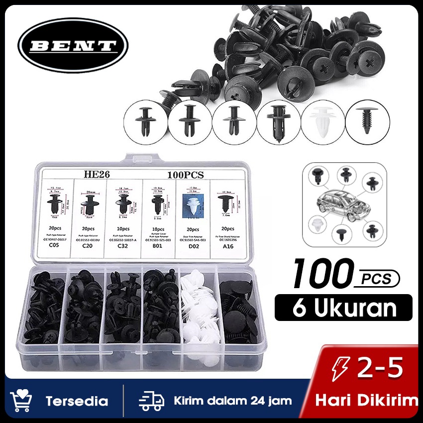 【100PCS】Baut Rivet Mobil/Universal Klip Bumper Baut Body Plastik Mobil Clip Kancing Motor Serbaguna Nmax Old Full Set