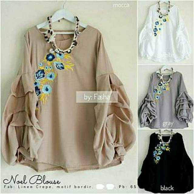 Noel Blouse, BLOUSE WANITA CANTIK FIT L. LD 96 BAHAN LINEN CREPE MIX BORDIR TERMURAH OOTD