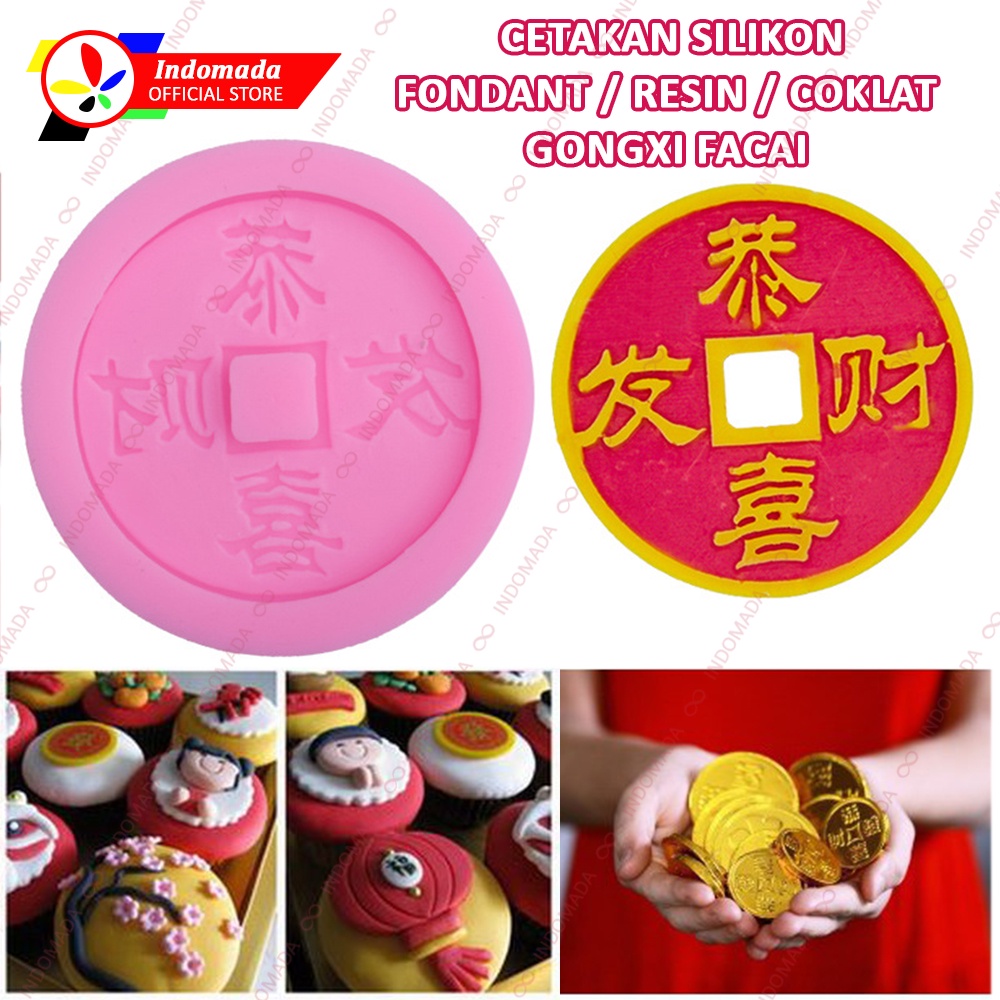 Indomada Cetakan Fondant Silikon Kuno Ingot Emas Gongxi Facai Uang Cina Imlek Gold Coin Silicone Cok