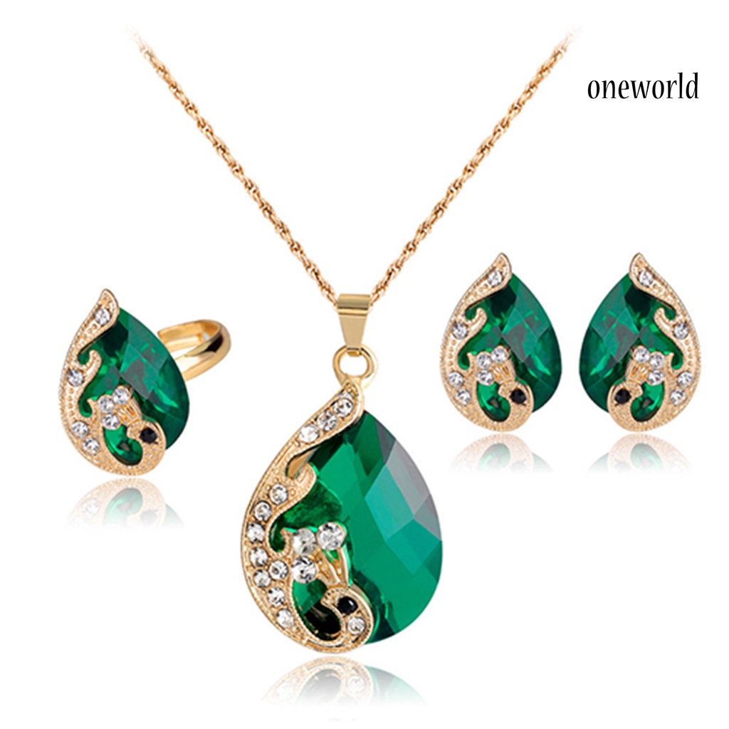 OW@ Jewelry Set Rhinestone Inlaid Temperament Alloy Exquisite Waterdrop Pendants Earrings Ring for Anniversary