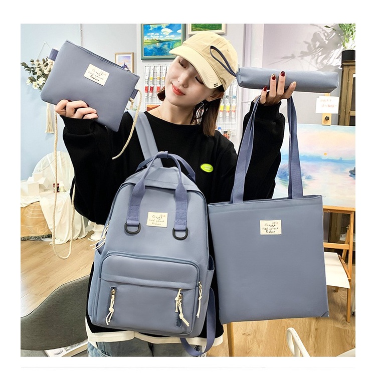 TB-64 set 4 pcs tas wanita ransel sekolah kampus pouch canvas