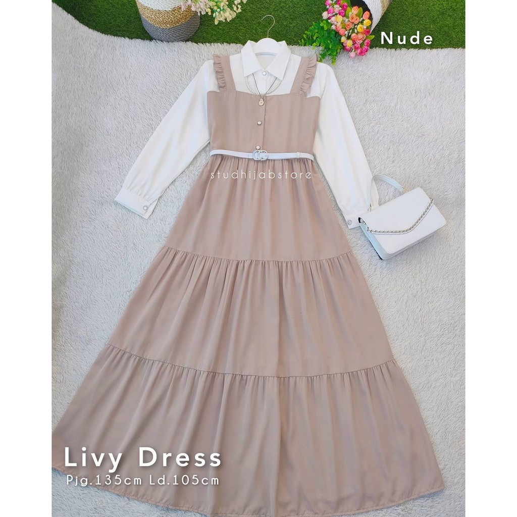 Baju Gamis Wanita Terbaru Livy Dress Gamis Remaja Kekinian Korean Style Busui FREE BELT FRZ-Nude