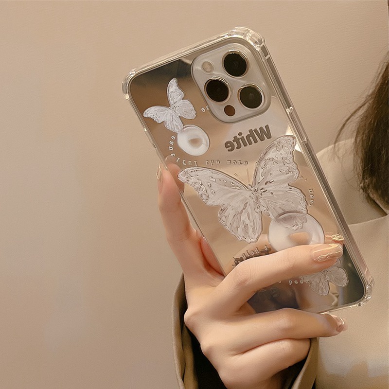 Soft Case Silikon Motif Kupu-Kupu Putih Dengan Cermin Makeup Untuk IPhone 7 8 Plus X XR XS Max 11 Pro Max 12 13 Pro Max SE 2020