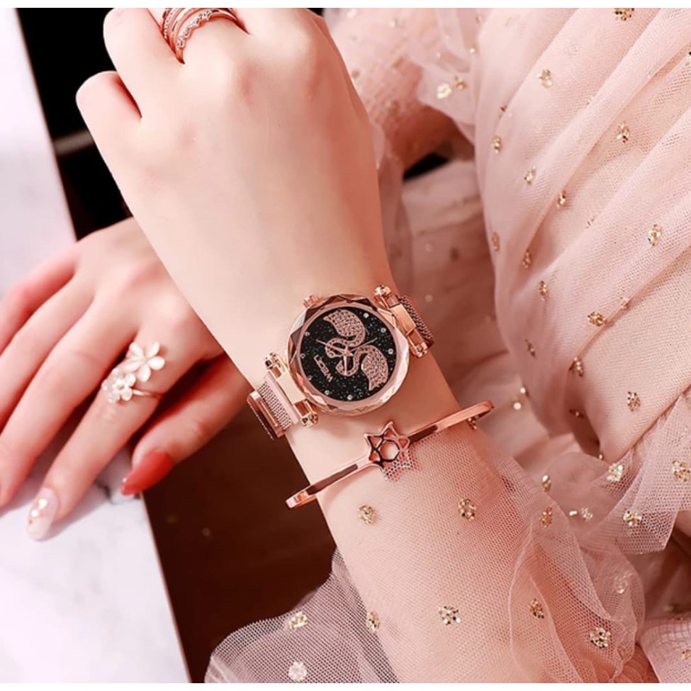 Jam Tangan Magnet Angsa TWO SWAN + FREE BOX &amp; BATERE CADANGAN Korea Fashion Women's Wrist Mesh Watch