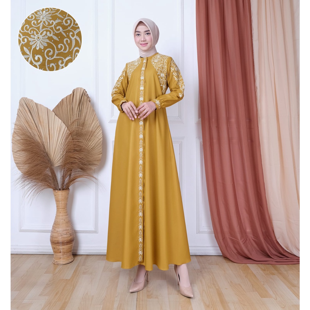 Gamis Katun Premium Madina Dayana Dress Muslim Wanita Motif Bordiran Timbul Plus Payet Permata // Gamis bahan Toyobo Fodu Import High Quality // Dress Kondangan Terbaru 2022