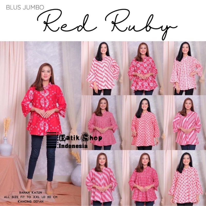 Blus Red Ruby Batik Jumbo Baju Kerja Atasan Kantoran Warna Merah Delima Kondangan Modern Blouse