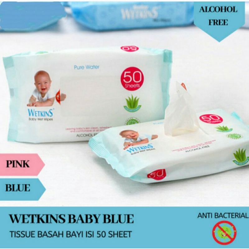 Promo!! Buy 1 Get 1 Wetkins Tisu Basah Baby blue  (100 lembar)