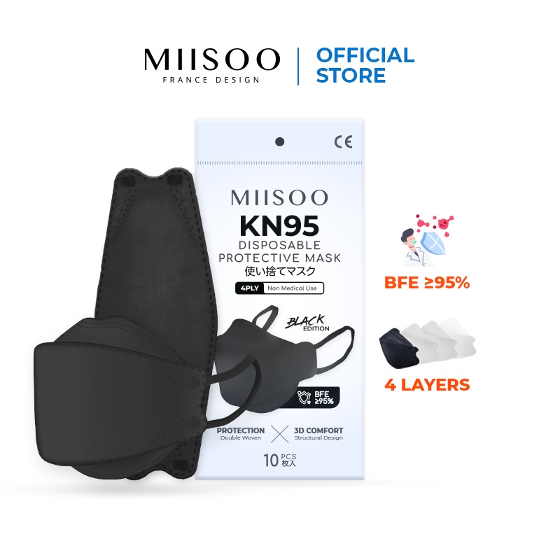 MIISOO Disposable Mask Per BOX EVO Hitam KN95 BFE 95% Masker Kesehatan wajah 4ply Facemask KF94 BNPB