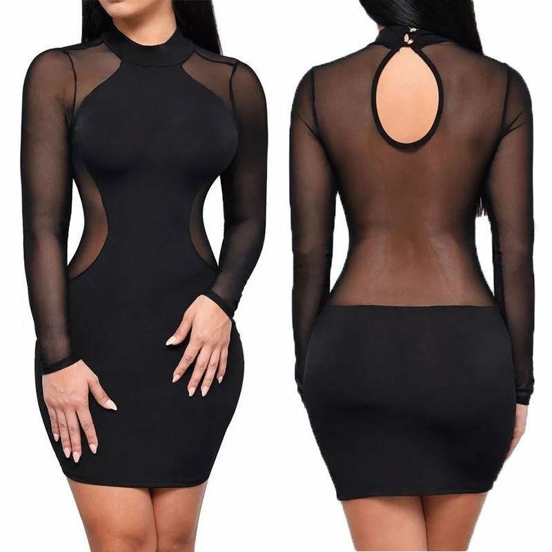 Sexy Women Mesh Sheer Long Sleeve Bodycon Party Club Mini Short Dress Black Sexy Patchwork Sheath La