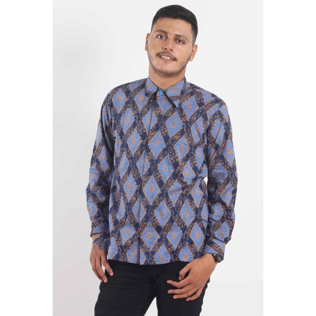 Kemeja Baju Batik Pria Lengan Panjang Cap Ungu Kotak Kotak