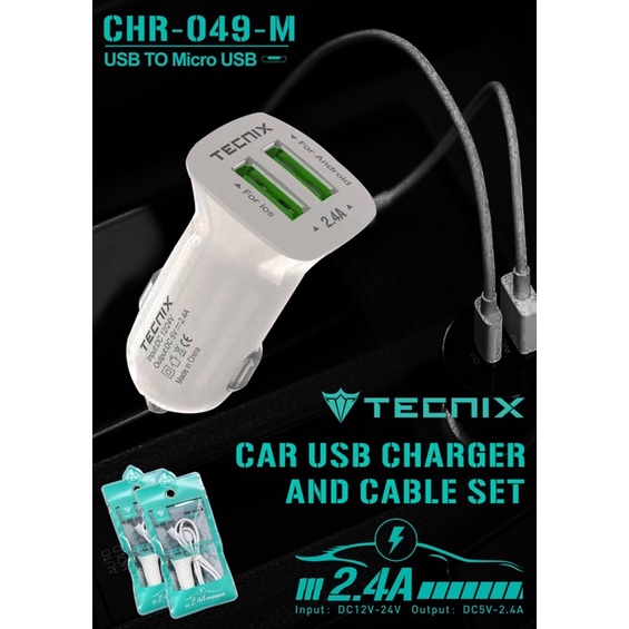 New Car charger 2.4A tecnix CHR-049M Includ Cable micro 100cm Original Tecnix