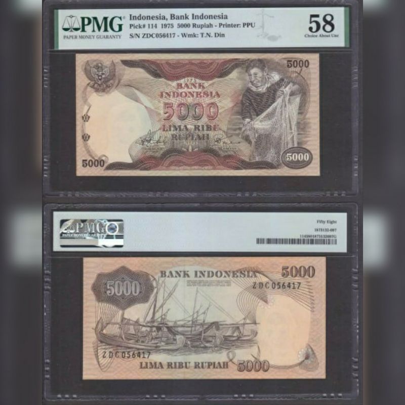 Uang Kertas Kuno 5000 Rupiah Tahun 1975 Penjala Ikan Seri Pekerja PMG 58