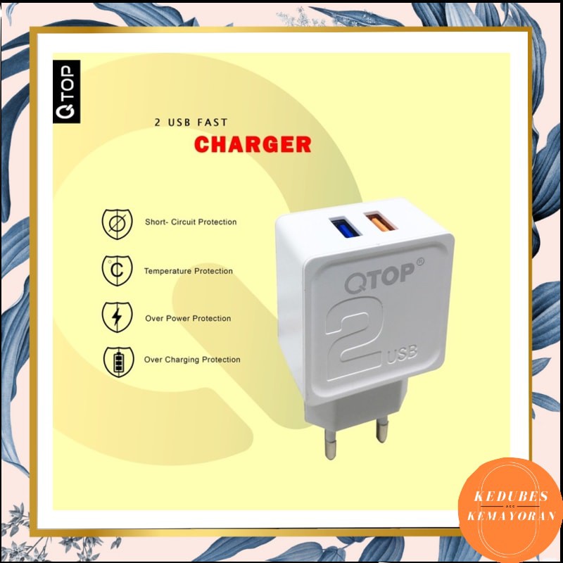 QTOP Adaptor Charger 2 USB Qualcomm 3.0 with Cable Fast charge [GARANSI 1TAHUN]