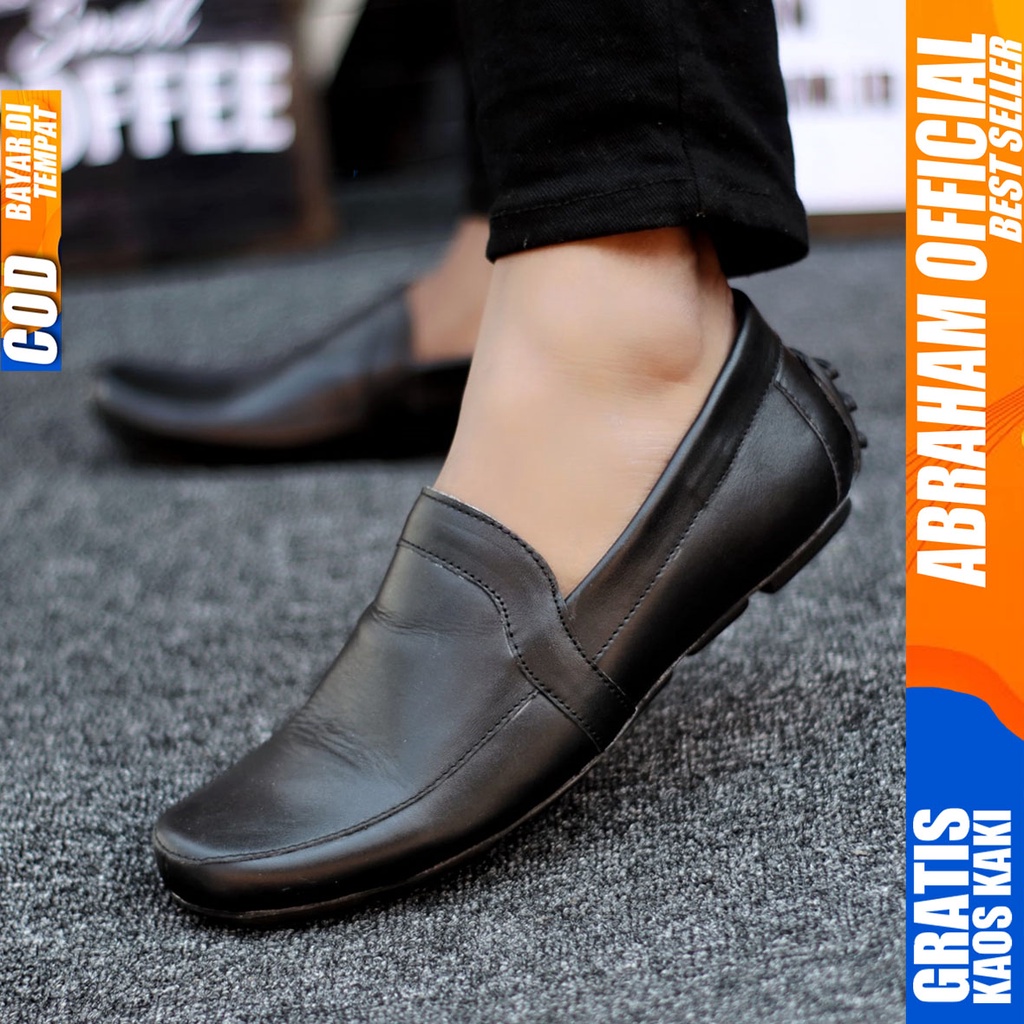 Abraham Polas - Sepatu Slip On Pria Casual Kulit Asli Slop Kerja Hitam