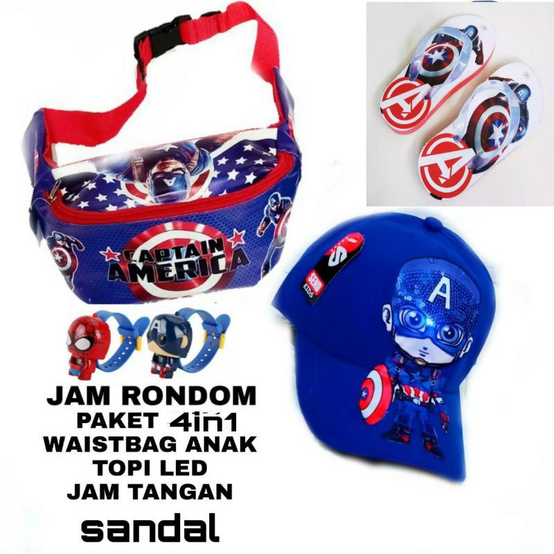 4IN1 WAISTBAG KAPTEN MARVEL+TOPI LED+SANDAL+JAM mo