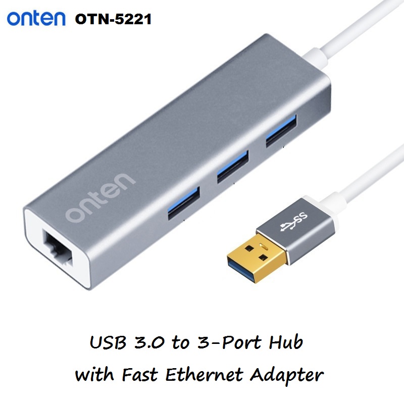 ONTEN OTN-5221 - USB 3.0 to 3-Port Hub with Fast Ethernet Adapter - USB 3.0 HUB Adapter to USB 3.0 Port &amp; Ethernet LAN