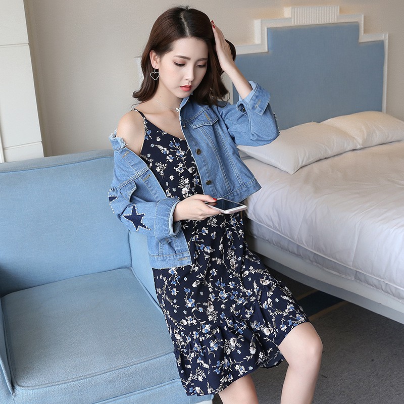 Dress Midi Tanpa Lengan Model Longgar dengan Motif Print, Gaya Korea