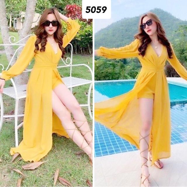 [ SUXIENNA ] VNV-5059 JUMPSUIT DRESS BAHAN SCUBA MIX SIFON WARNA KUNING MANGGA