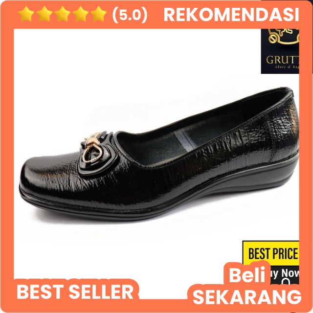 Grutty Sepatu Wanita Pantofel Kerja Kantor Model Flat Shoes Kulit Asli Hitam