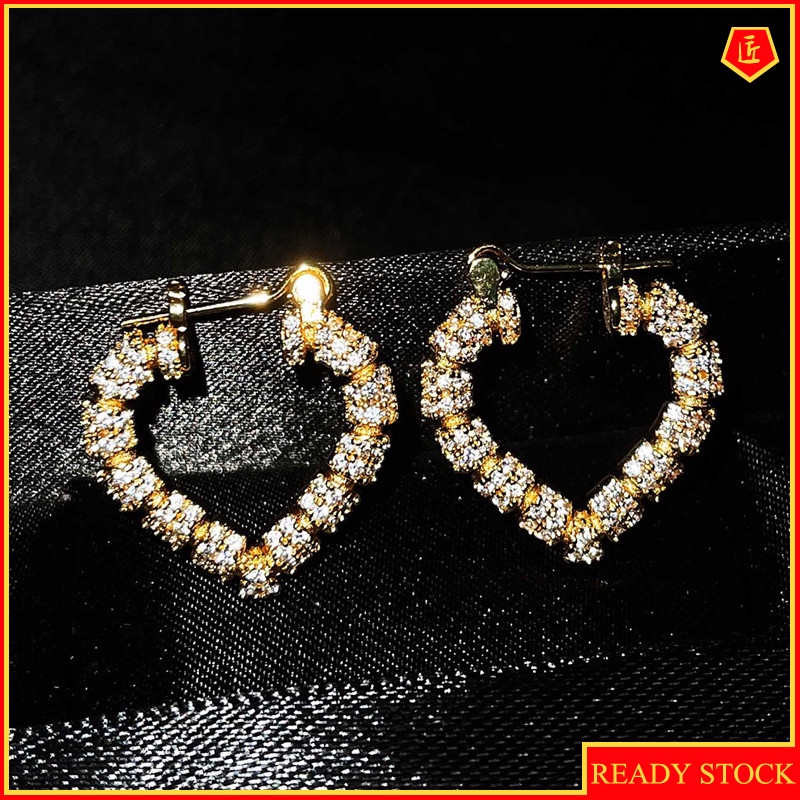 [Ready Stock]Elegant Gold Diamond Heart-Shaped Stud Earrings