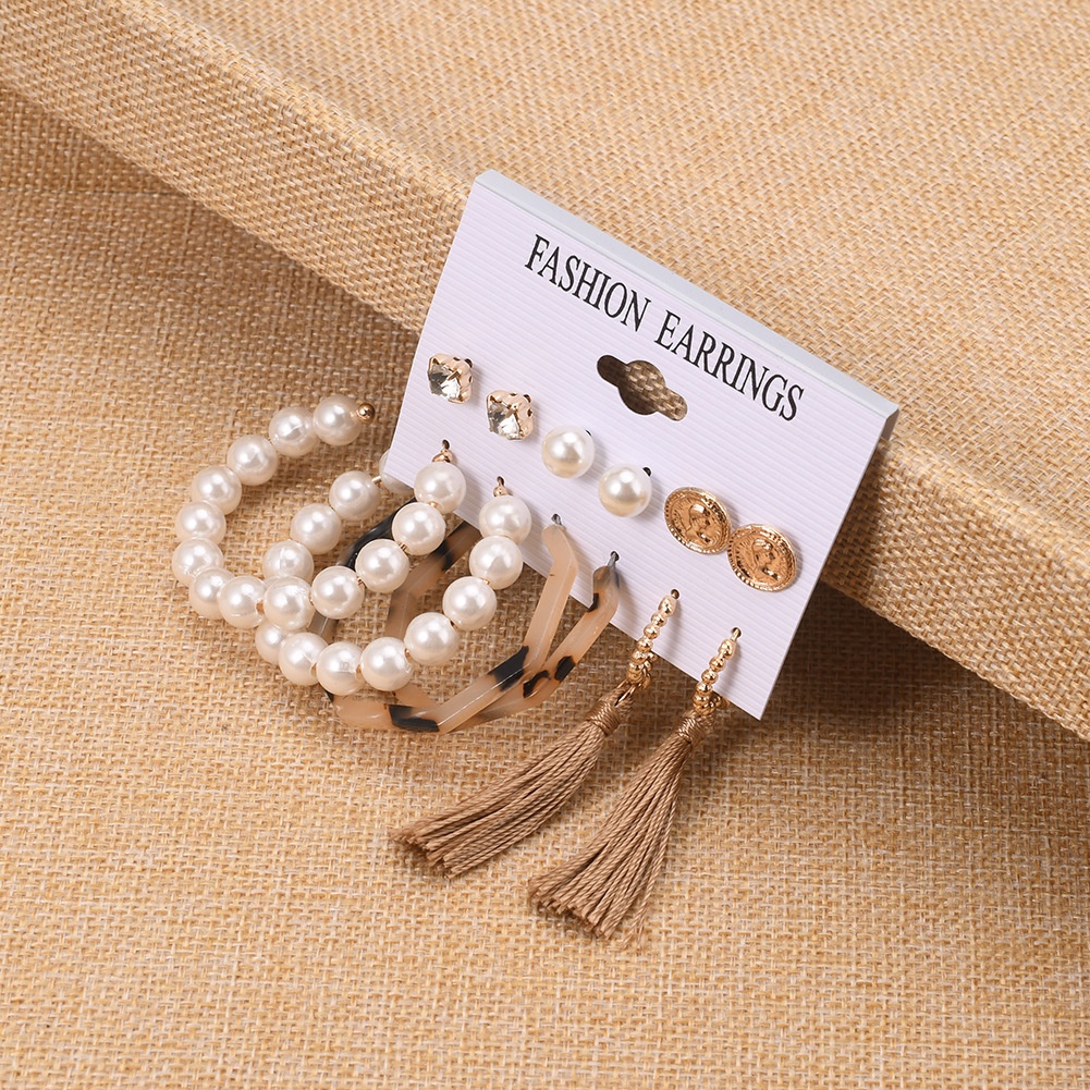 6 Pasang / set Anting Stud Bentuk Lingkaran Aksen Mutiara Bahan Akrilik Untuk Wanita