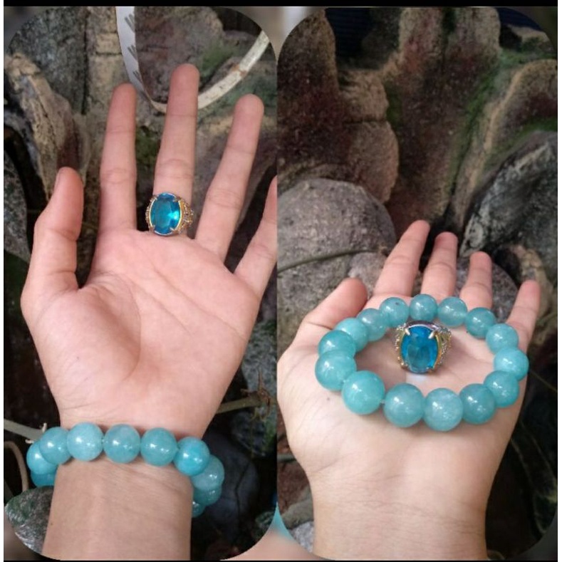 paket gelang batu Aquamarine natural12mm+batu blue safir